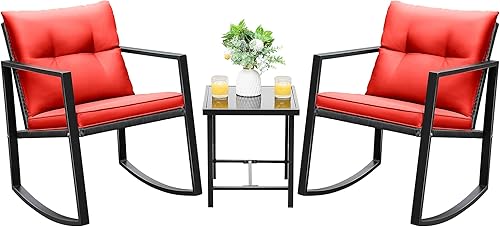 Devoko, Rocking Bistro - Juego o set de 3 piezas de mimbre para patio y exteriores, muebles para porche, sillas para conversar con mesa auxiliar de