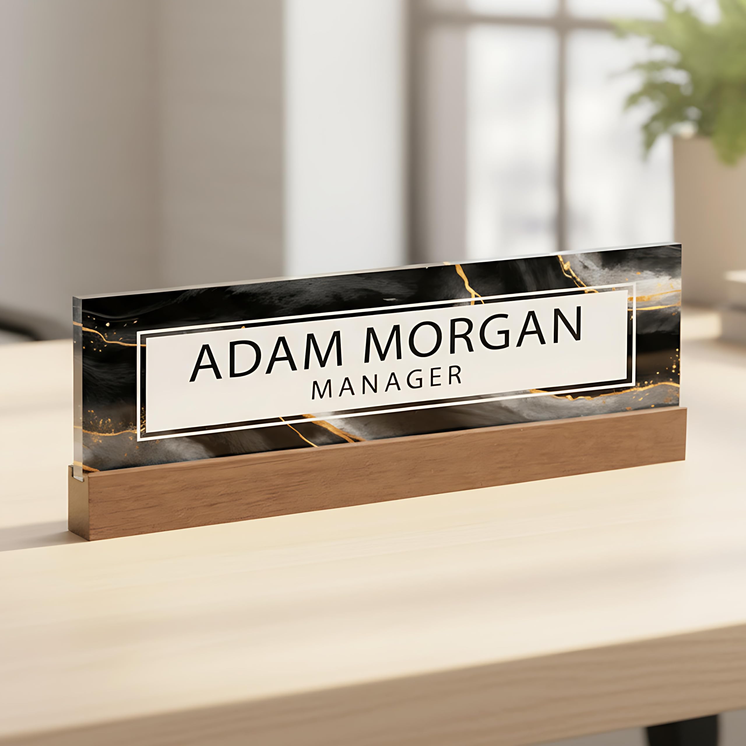 ARTBLOX Personalized Acrylic Name Plate, Black Gold Marble, Card Holder