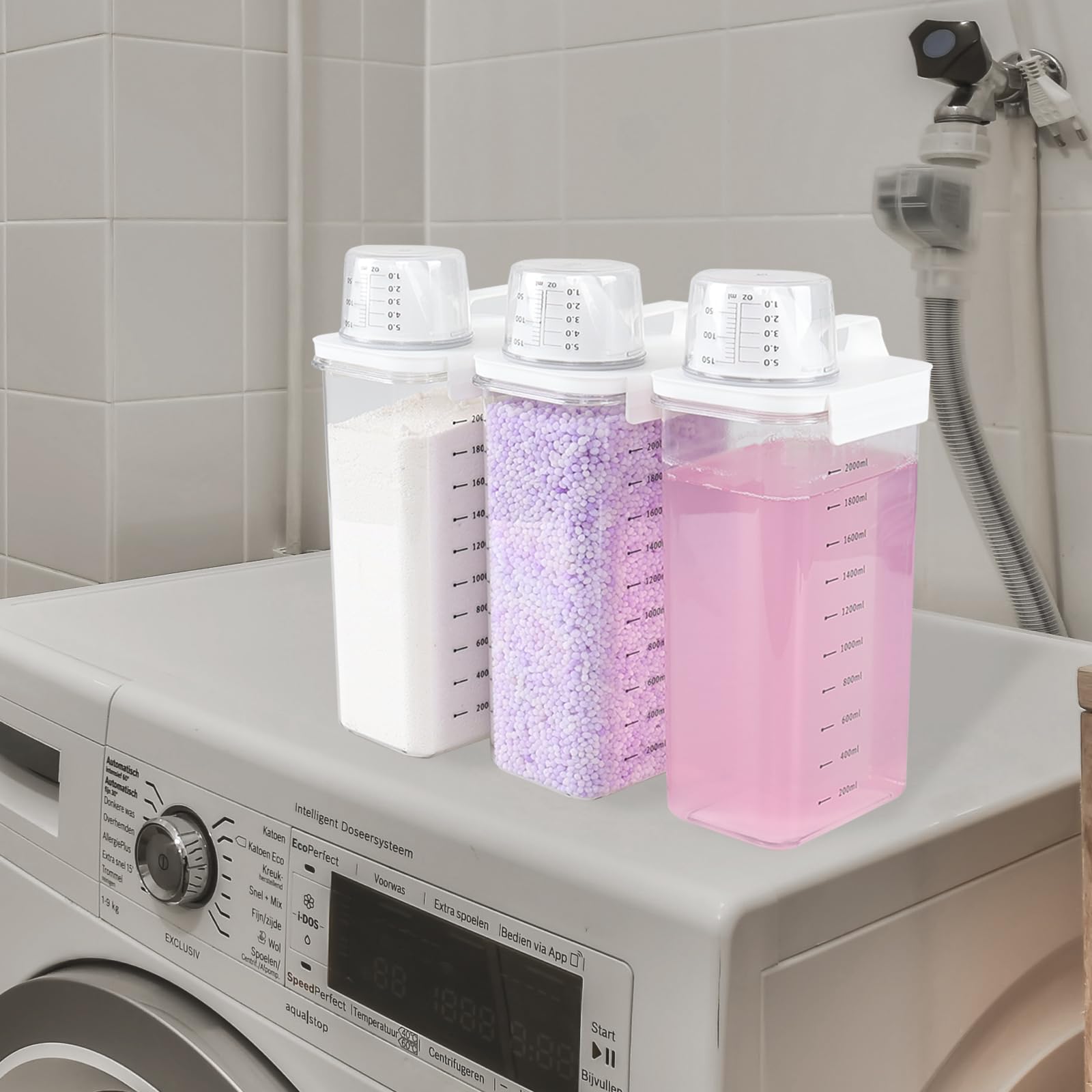 Confezione da 3 dispenser di detersivo liquido in plastica trasparente, per polvere, perline, ammorbidente e candeggina, 2211 g