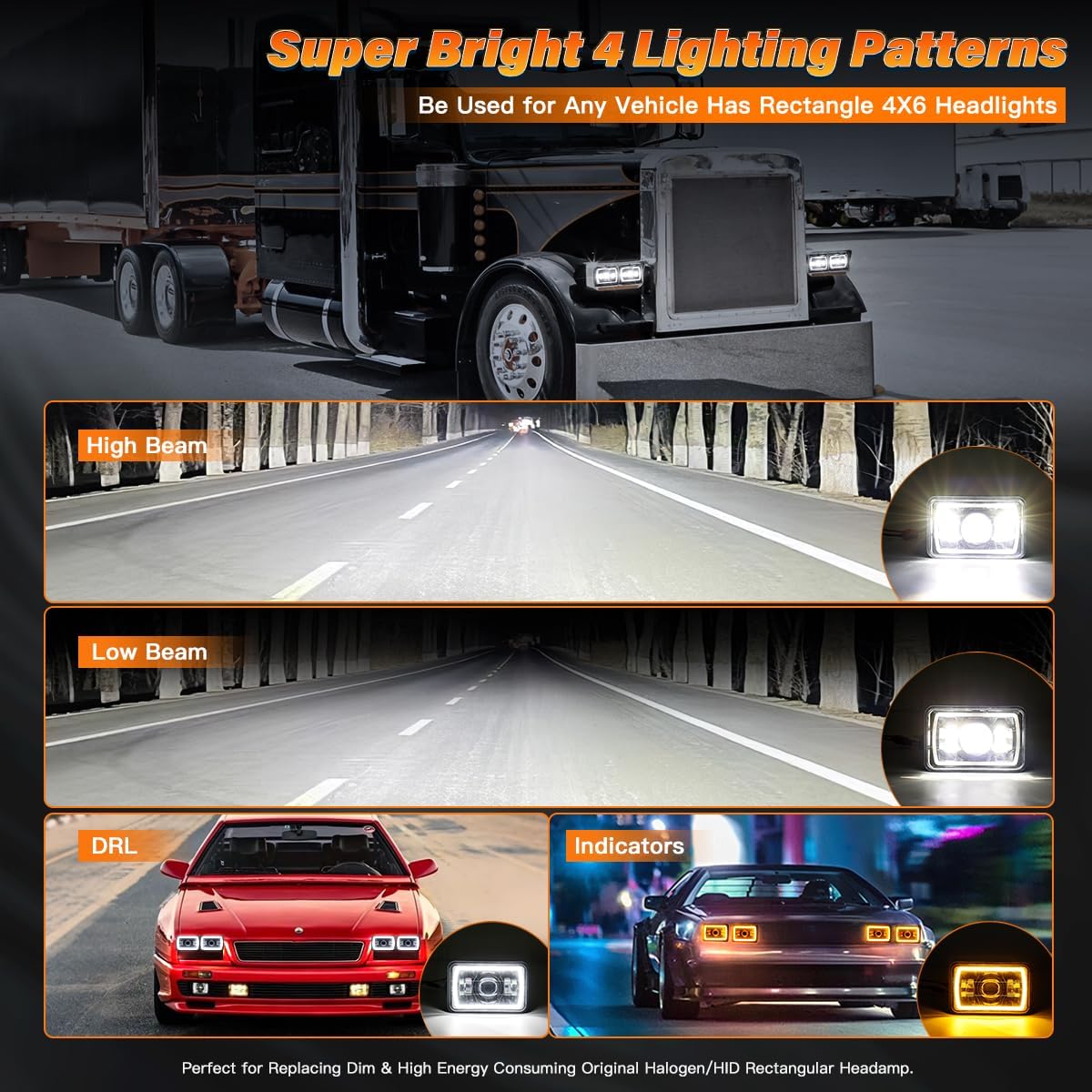 4x6 In LED Headlights DOT Approved 4PCS with White/Amber DRL Turn Signal Rectangle LED Headlight High Low Beam with H4651 H4652 H4656 H4666 H6545 H4668 for Truck Probe Kenworth Peterbilt