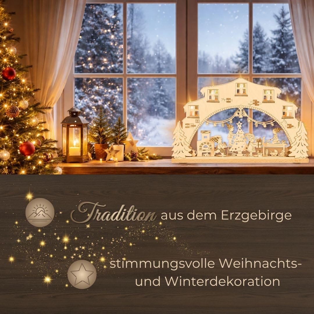 weigla - Schwibbogen original Erzgebirge I Lichterbogen Weihnachten I Motiv Wichtelwerkstatt I 7 Lampenkerzen + 1 Ersatzlampe I 7 x 34 V, 3 W, E10 I beleuchtete Weihnachtsdeko