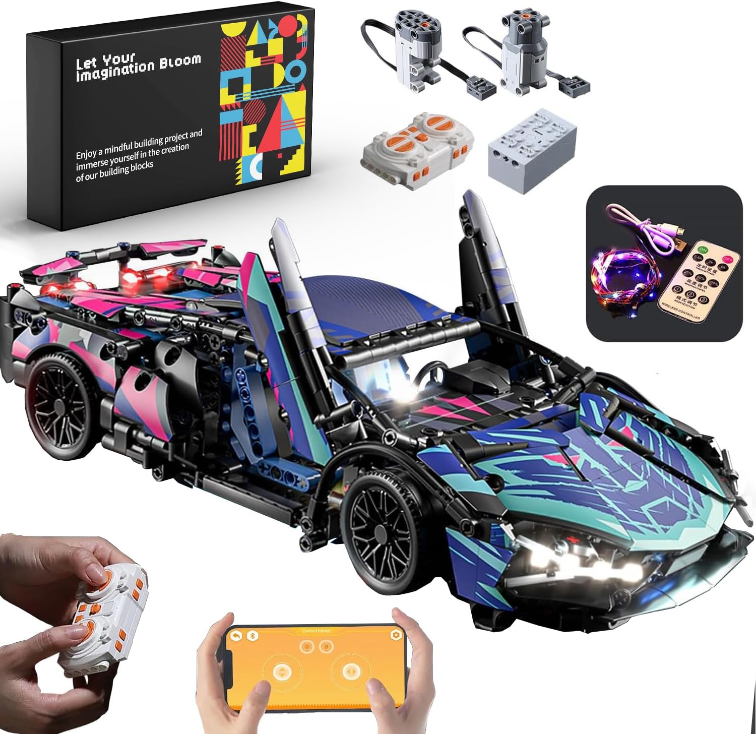 Chodia Sport Race Car Building Block Sets for Adults Boys,Remote Control APP Supercar Toys Kits with LED Lights 1:14 Collectible MOC Contruction Birthday Gift for Teens Age 8-12 12-16,14 14+(1314 PCS)