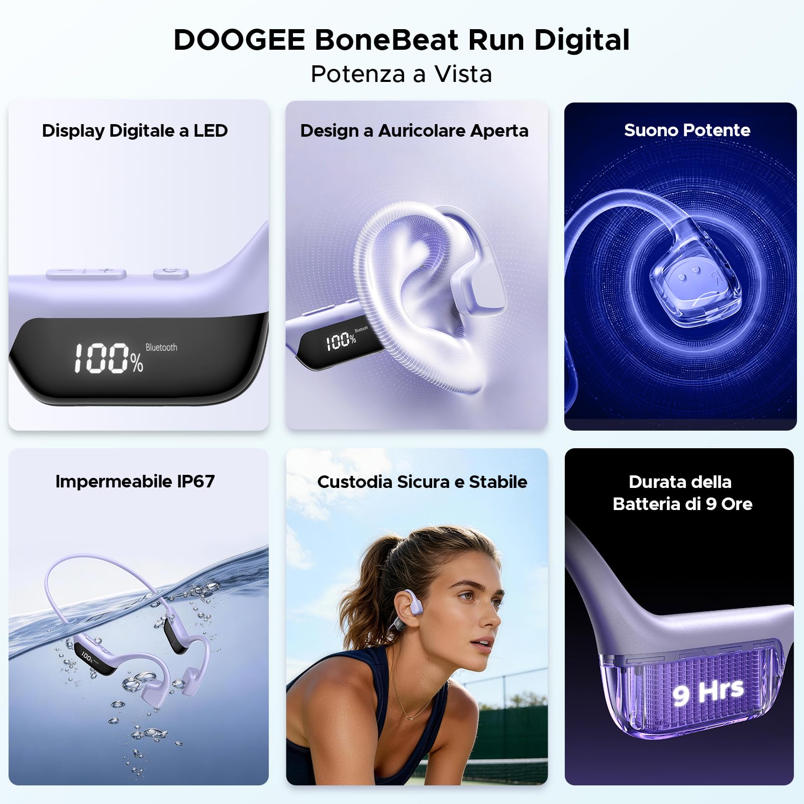 Bone Beat Run Digital Cuffie Conduzione Ossea Wireless Auricolari Conduzione Aperte Oreille Auricolari Sportive Bluetooth Impermeabili con Batteria 9 Ore BT6 Corsa Palestra Outdoor - Viola