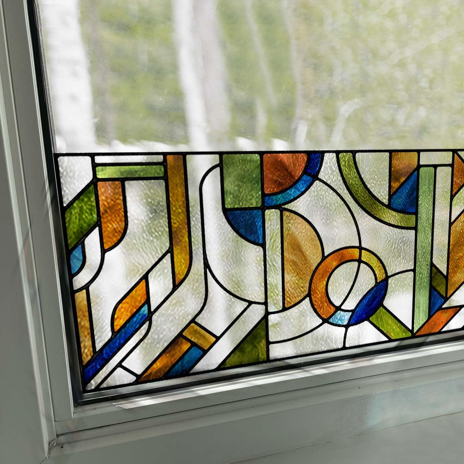Faux Stained Glass Effect Window Privacy Film, Original Double-Sided Hand-Drawn Special Texture Static Cling Window Sticker, 16.93"x118.11", Mid Century Modern Geometry Colorful-2
