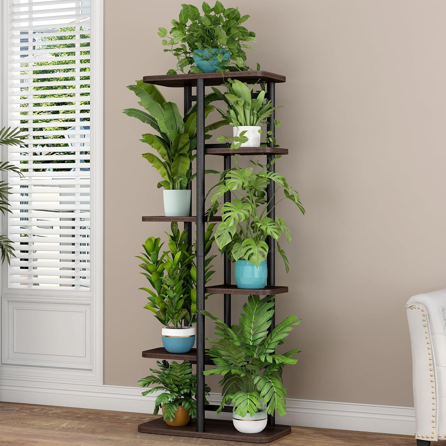 linzinar plant stand 6 tier 7 potted indoor plant shelf multiple stands for garden corner balcony living room 6 tier-7 potted black oak
