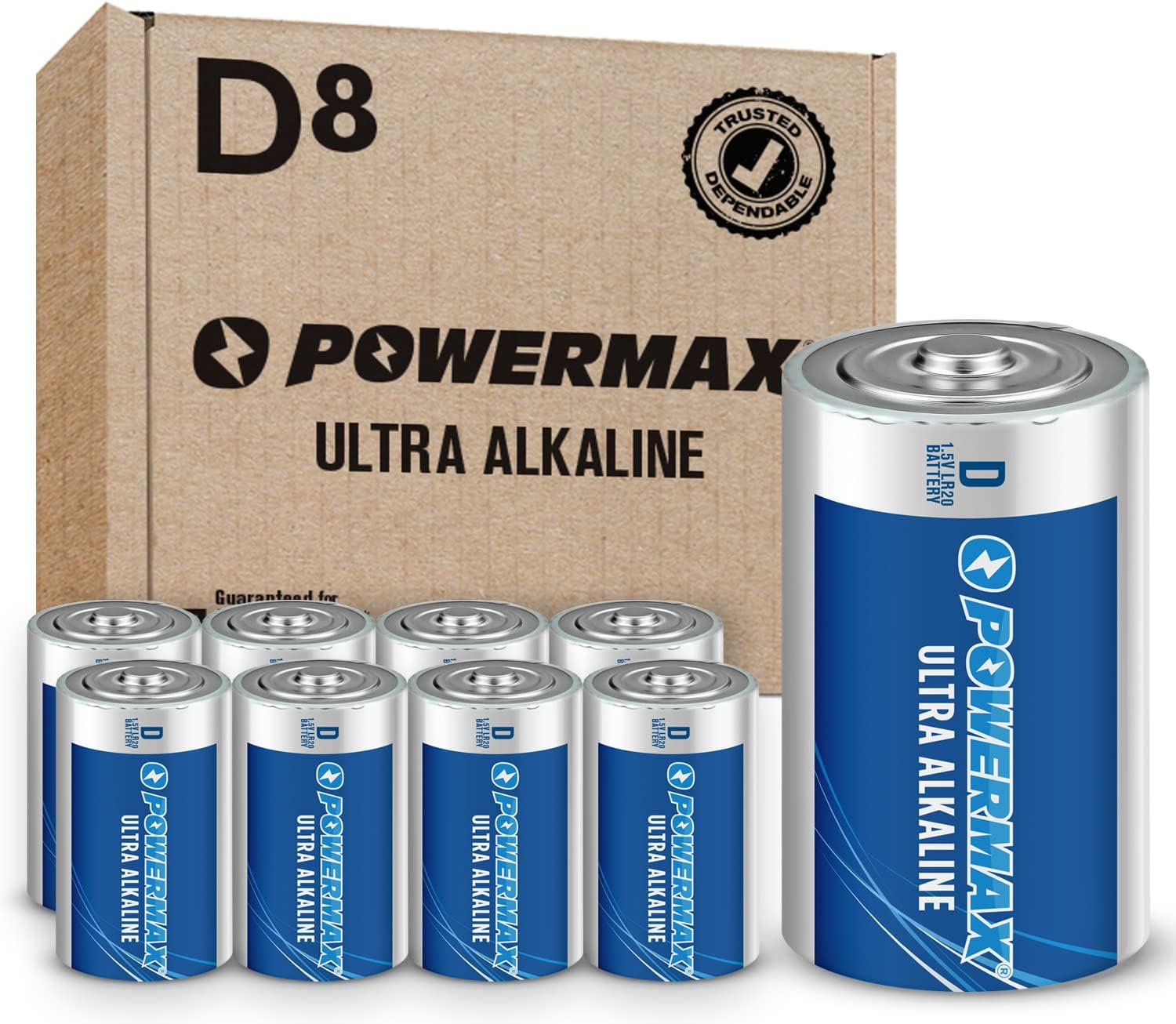 Powermax 8-Count D Cell Batteries, Ultra Long Lasting Alkaline Battery, 7-Year Shelf Life, Reclosable Packaging