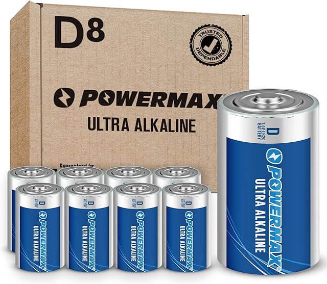 Powermax 8-Count D Cell Batteries, Ultra Long Lasting Alkaline Battery, 7-Year Shelf Life, Reclosable Packaging