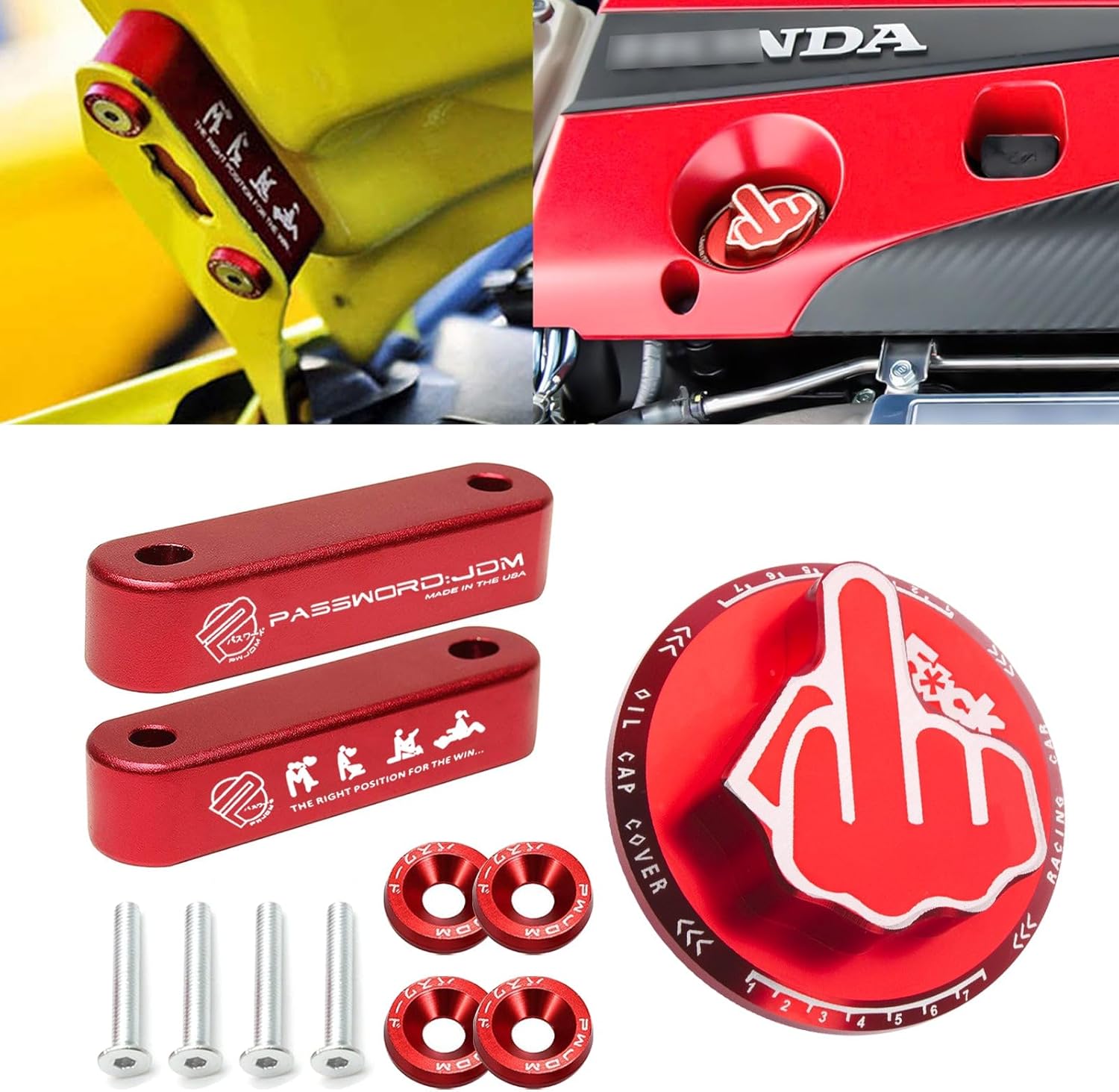 x xotic tech JDM Engine Oil Filler Tank Fuel Cap Middle Finger Pattern + Front Hood Vent Space Riser Spacer Modification Kit, Aluminum Alloy, Compatible with Honda Civic CRX or Acura Integra(Red)
