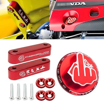 x xotic tech JDM Engine Oil Filler Tank Fuel Cap Middle Finger Pattern + Front Hood Vent Space Riser Spacer Modification Kit, Aluminum Alloy, Compatible with Honda Civic CRX or Acura IntegraRed