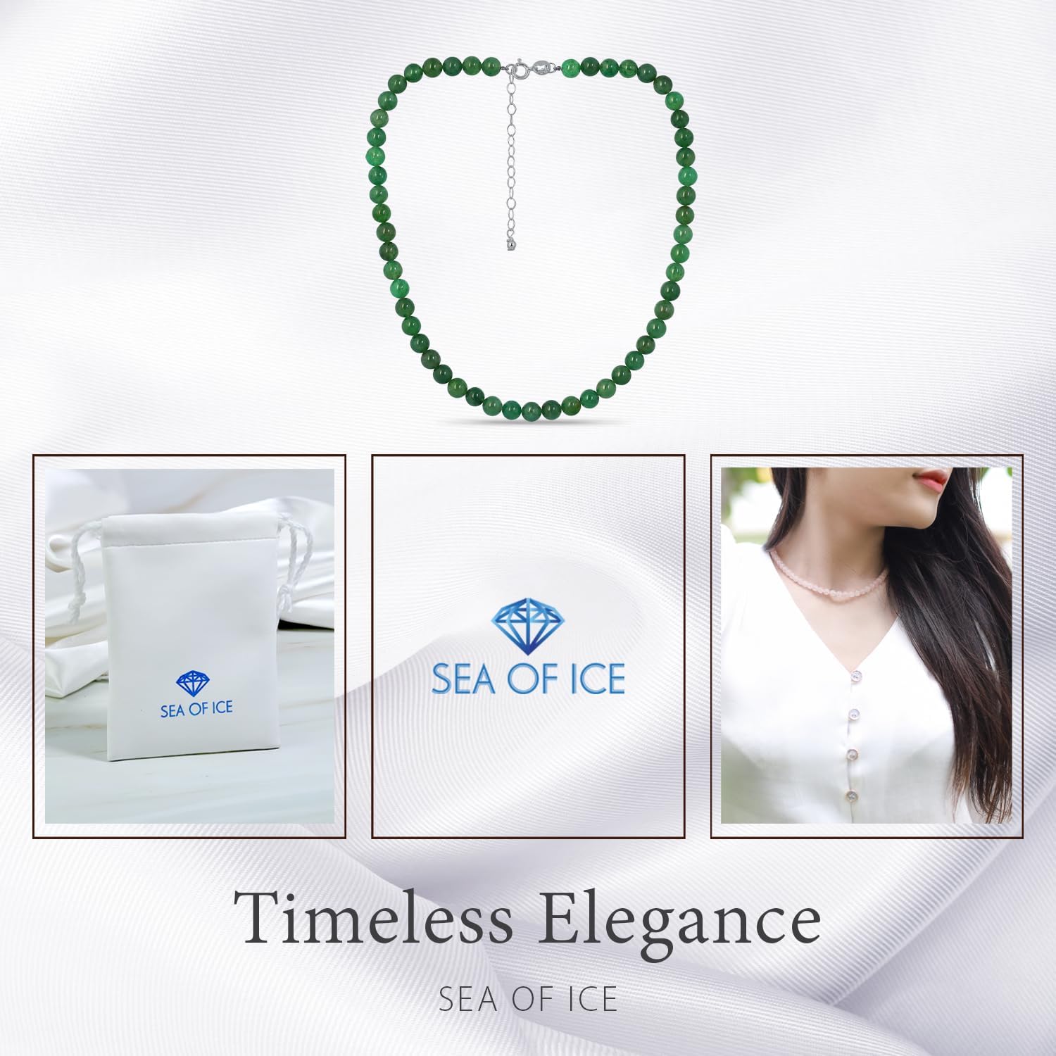 SEA OF ICE Precious Gemstone 6mm Round Beads Necklace 14" Plus 2" Extender with Sterling Silver Spring Ring Clasp