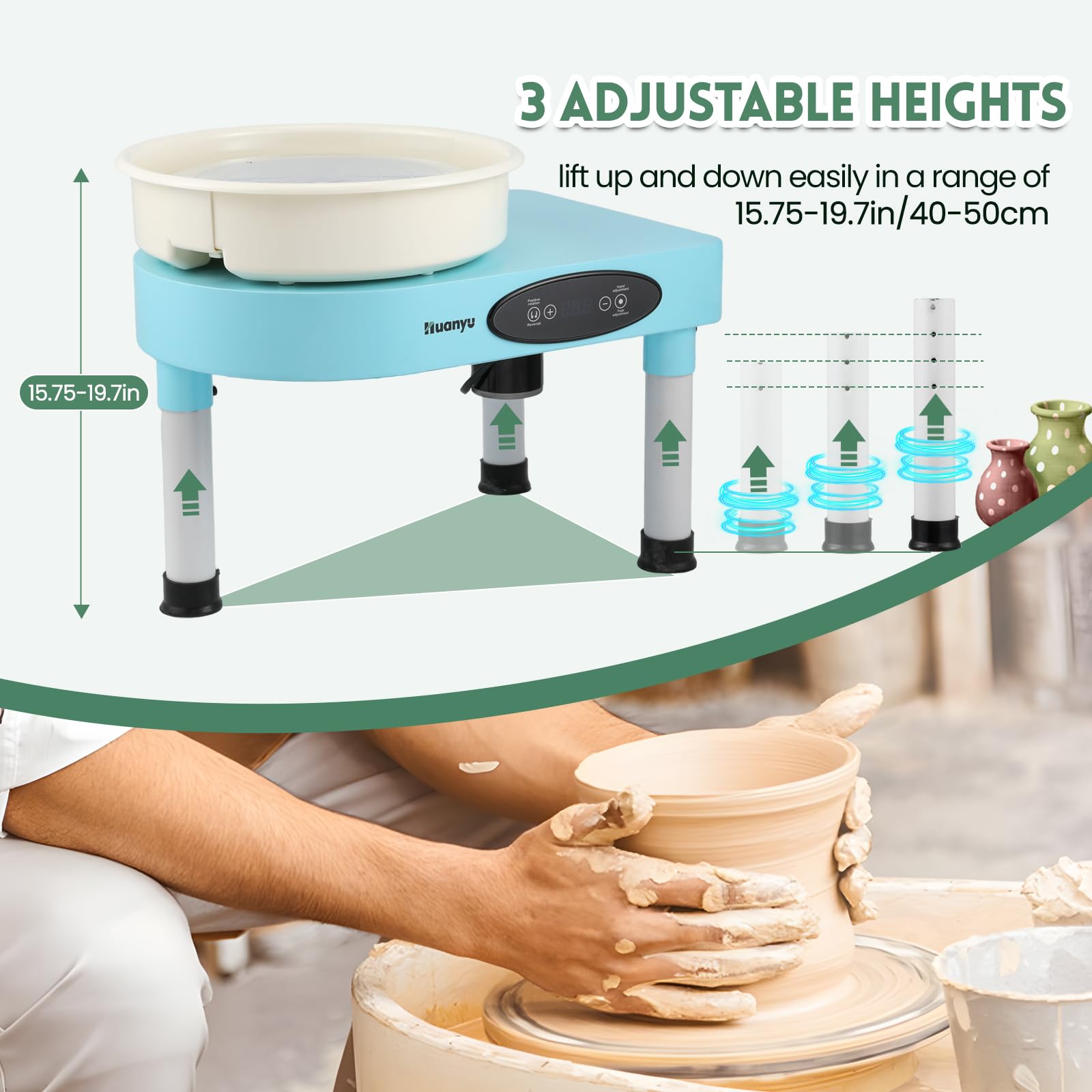 Huanyu 30cm Töpferscheibe mit verstellbaren Beinen und Fußpedal 350W Elektrische Keramikmaschine mit abnehmbarem Becken 0-320RPM Töpferformmaschine mit Töpferwerkzeugsatz