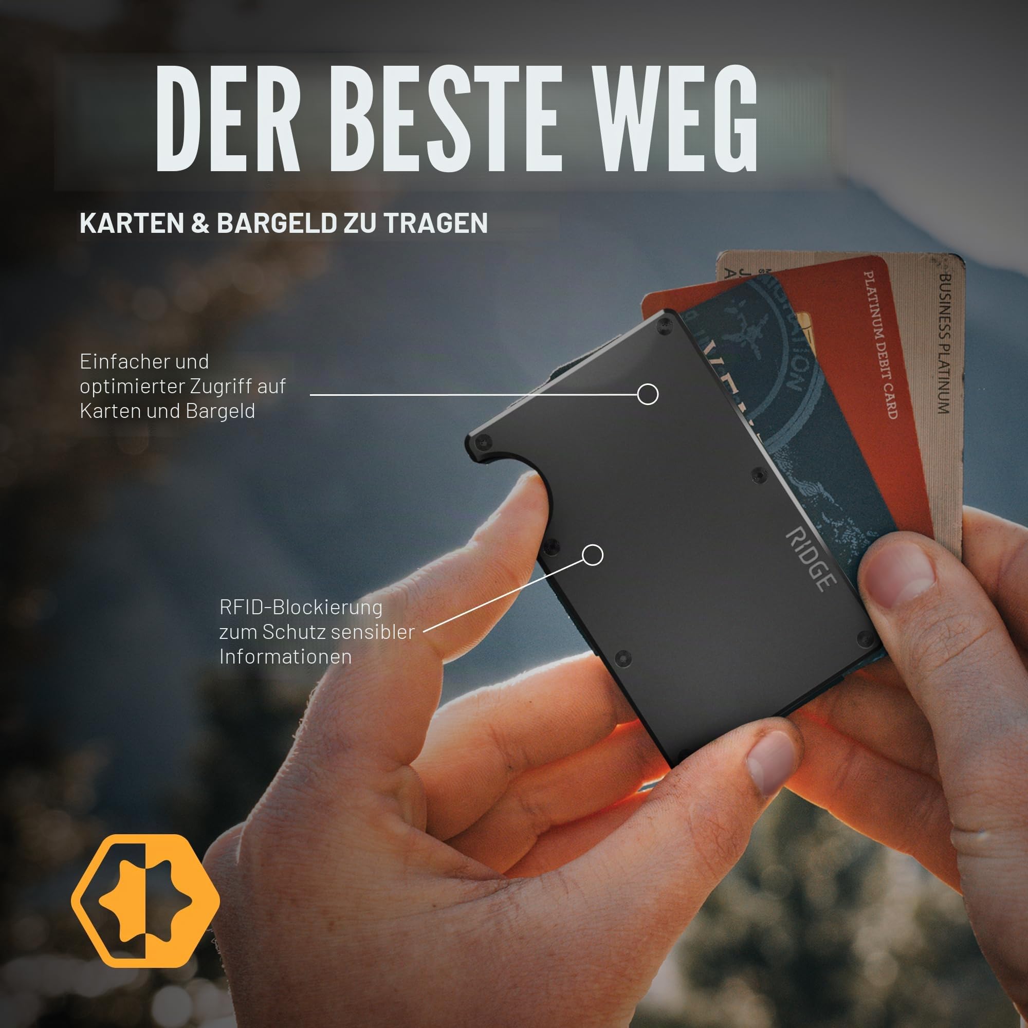Ridge Minimalistische Geldbörse für Herren - Schlanke Fronttasche RFID-Kartenhalter mit Sechskant-Rand, Gunmetal