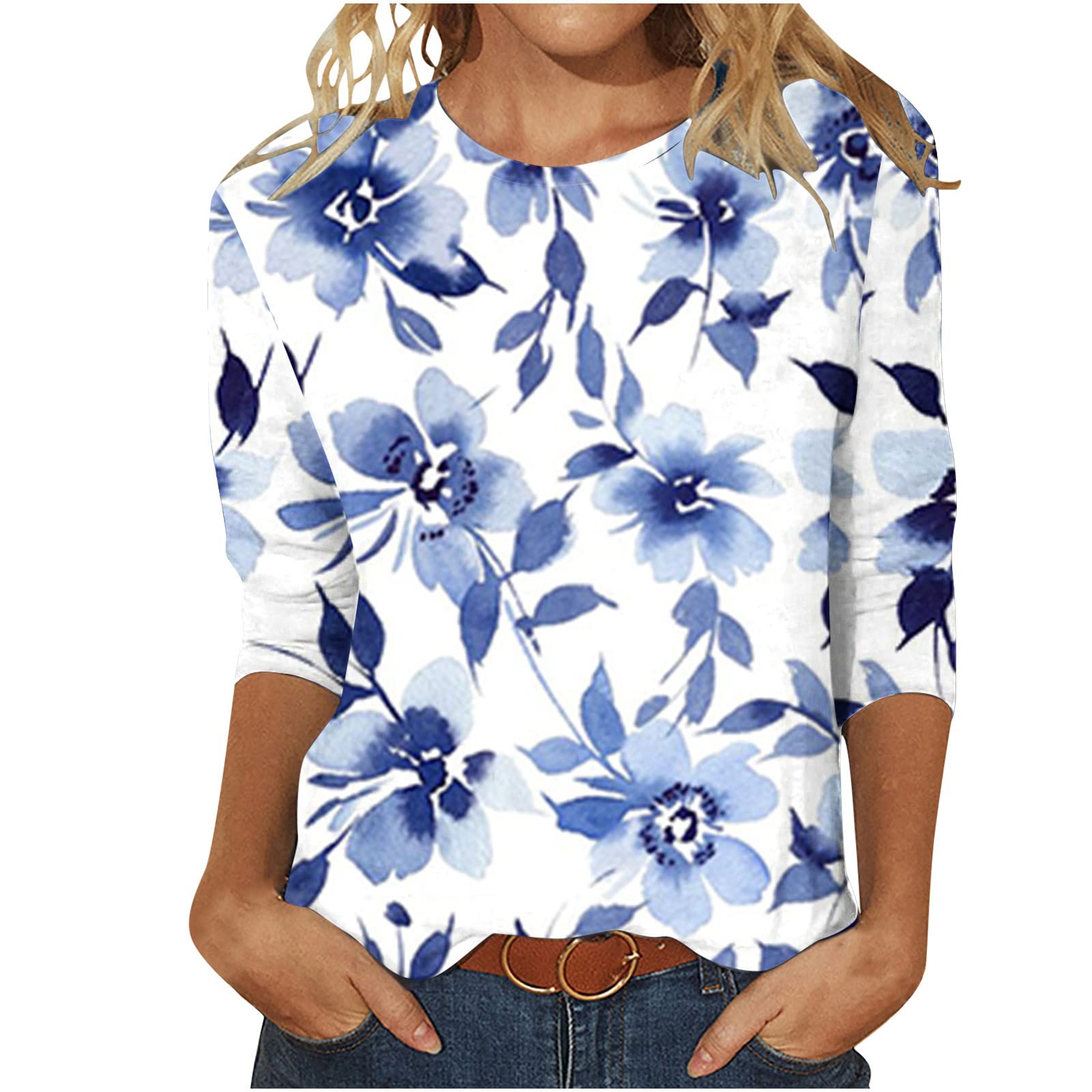 FITORON Women's 3/4 Sleeve Floral Print V-Neck Blouses