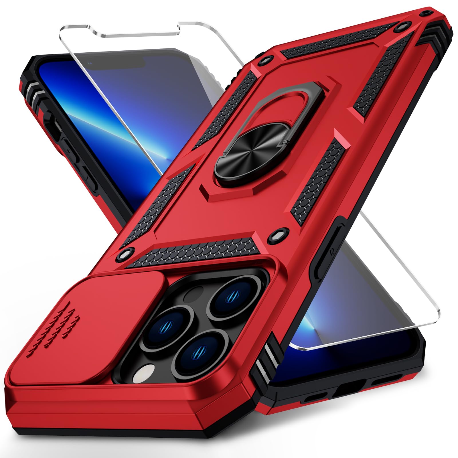 Vinve for iPhone 13 Pro Max Case with Slide Lens Cover, HD Screen Protector, Military Grade Drop Protection, Magnetic Rotated Ring Holder Kickstand