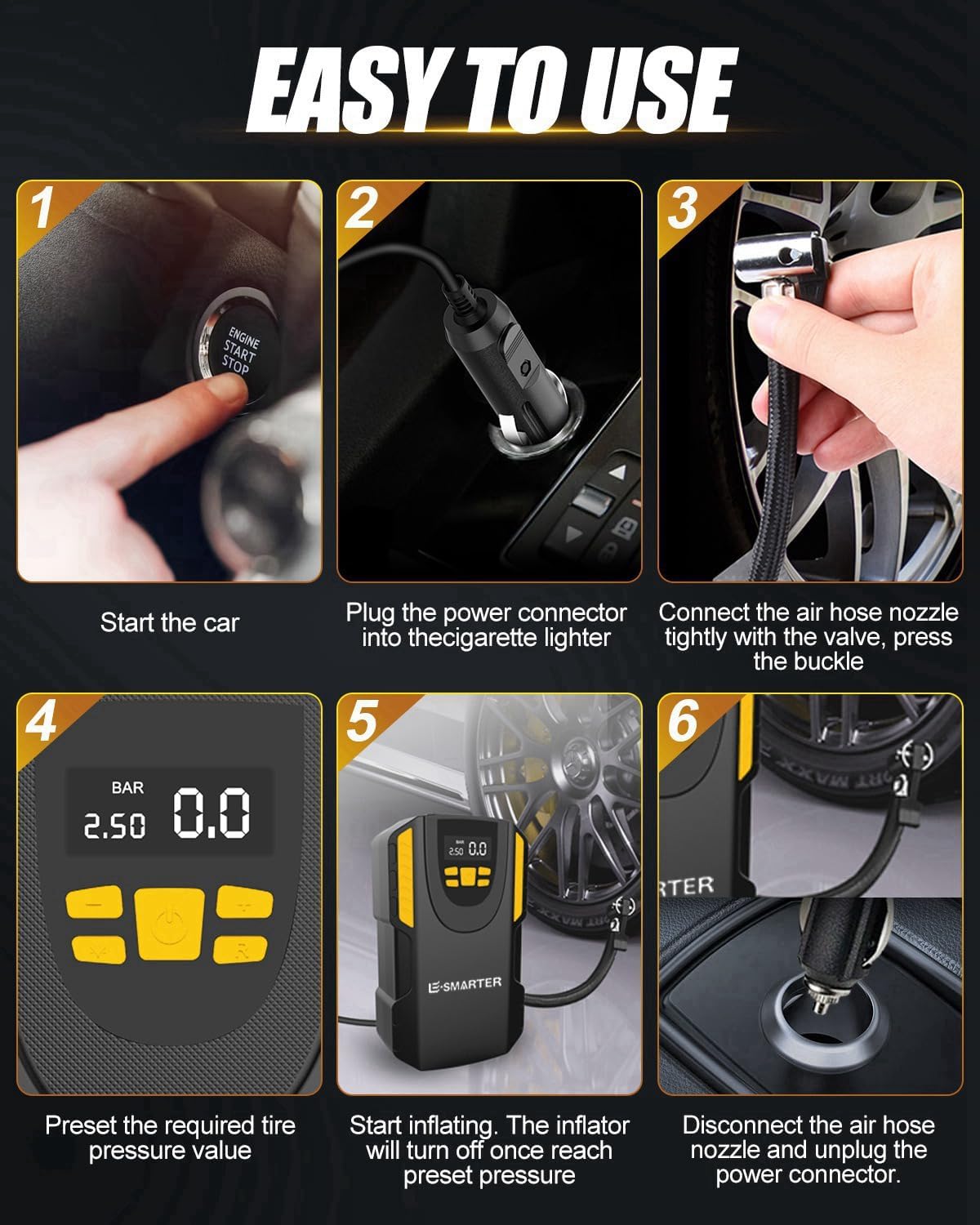 Six-step visual guide for using the E-SMARTER tire inflator
