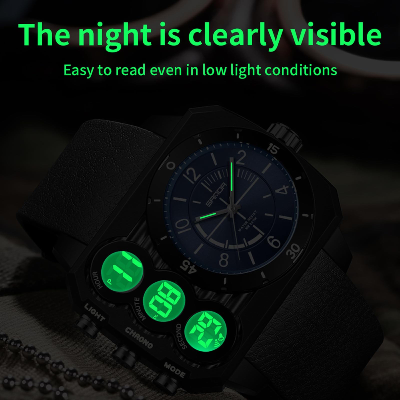 findtime Orologio angolare da uomo, digitale, analogico, grande, militare, 5 ATM, impermeabile, sportivo, da uomo, per attività all'aperto, cronometro, coutdown 12/24H, tre fusi orari, di lusso per