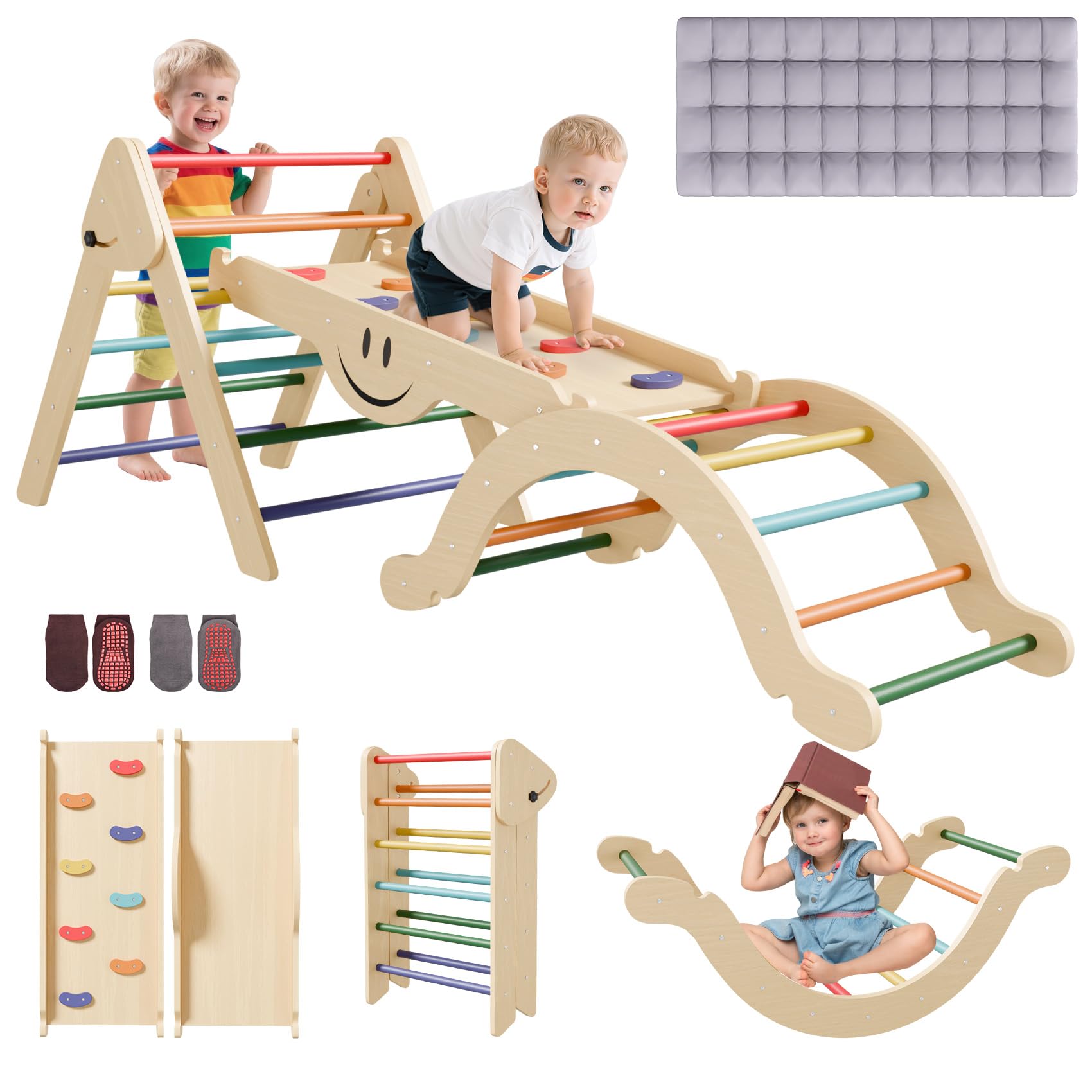 BIERUM Pikler Triangle Set - 8 in 1 Toddler Climbing Toys Indoor with Soft Cushion, Montessori Wooden Pickler Climbing Set with Ramp, Foldable Baby Climbing Gym, Rainbow