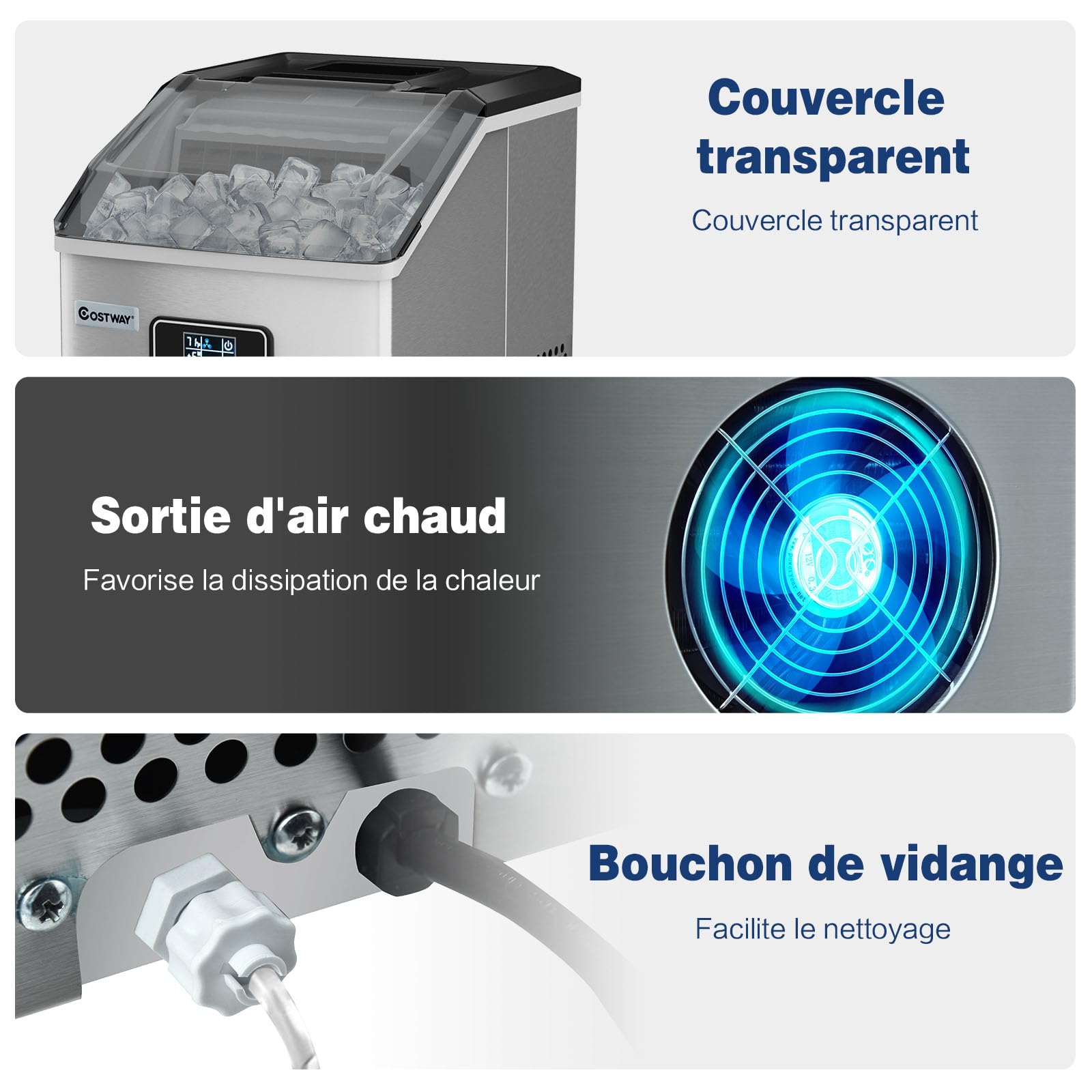 COSTWAY Machine à Glaçons Automatique 18kg/24h, Acier Inoxydable, Cuillère à Glace, Panier, Fonction d'Auto-nettoyage, Ecran LCD, Fonction Minuterie, pour Cuisine, Bar, Café