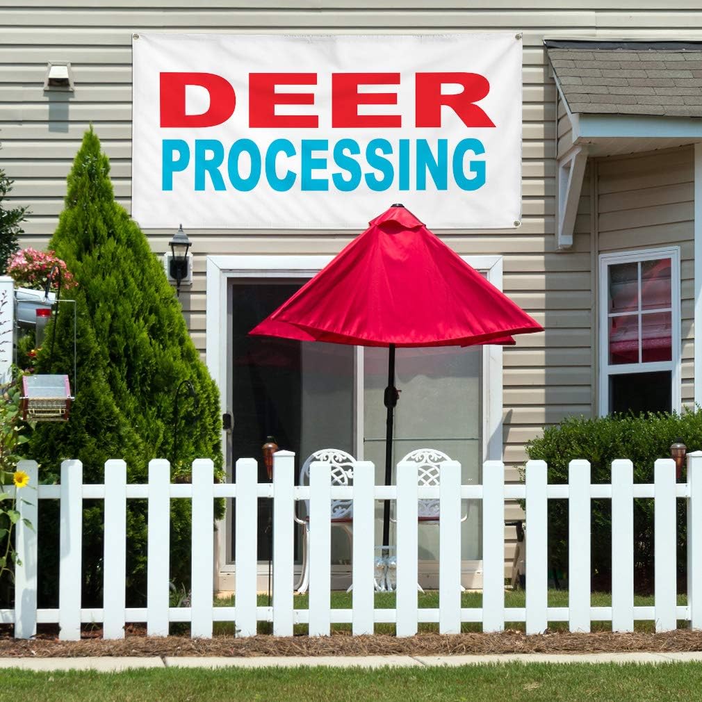 Vinyl Banner Multiple Sizes Deer Processing Red Blue Lifestyle Outdoor Weatherproof Industrial Yard Signs 4 Grommets 16x40Inches