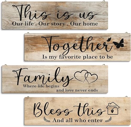 Juego de decoración de pared vintage, 4 placas colgantes, letreros de madera de granja, decoración familiar y sala de estar