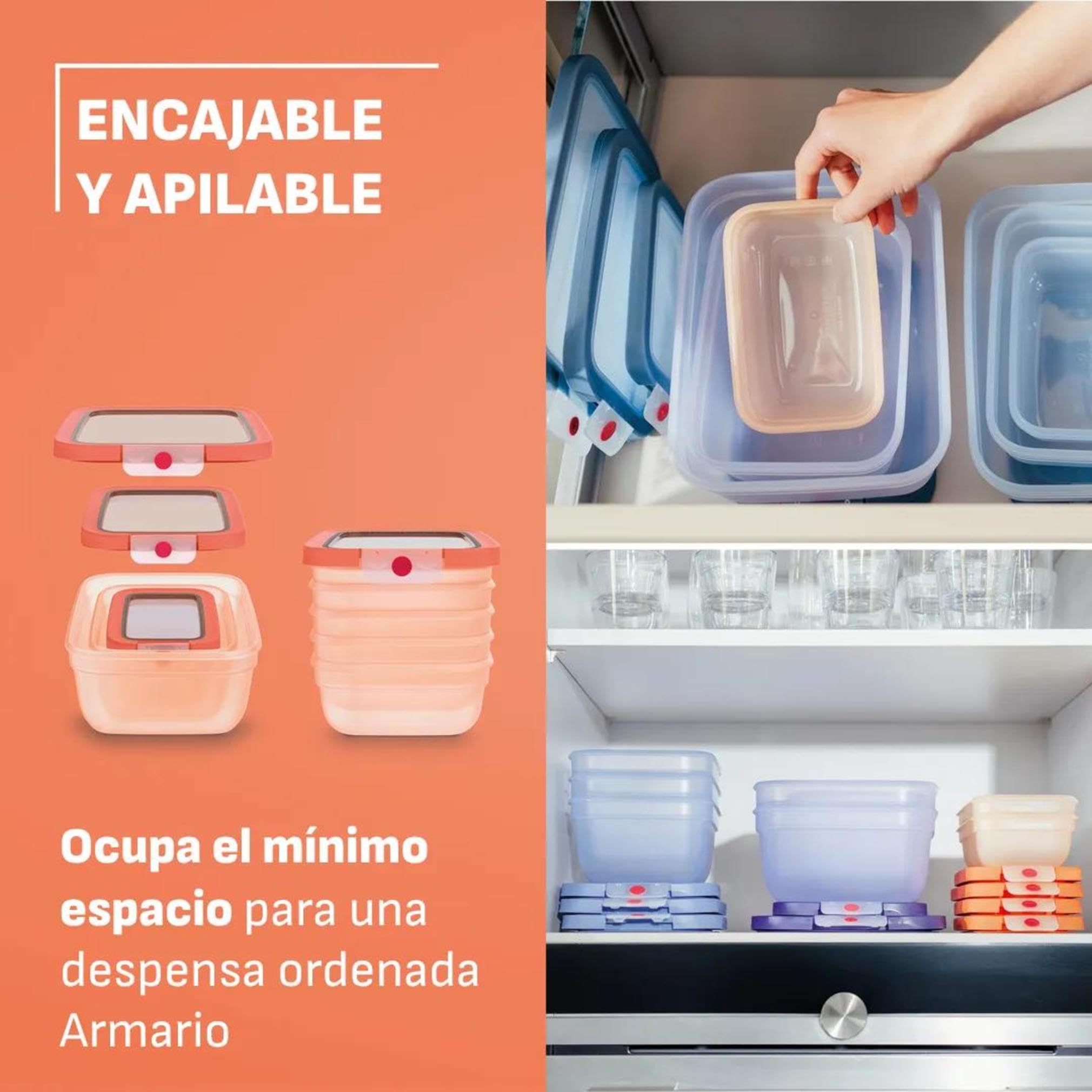 EMSA oneClick, recipiente para almacenar alimentos, un clic, abrir y cerrar sin esfuerzo, 2 veces más frescos, 100% hermético, apilables, set 5 piezas naranja, 2x 0,50L, 2x 1,20L, 1x 2,30L, N1230900
