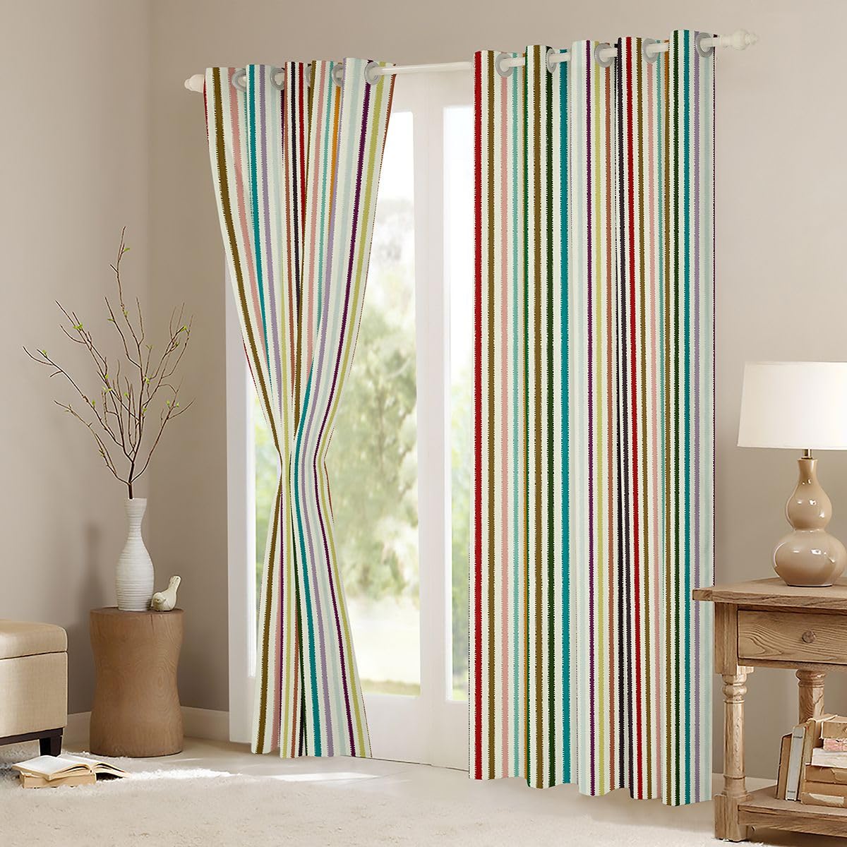 Homewish Tęczowe czerwone żółte paski abstrakcyjne zasłony okienne 117 x 137 cm, 2 zestawy paneli - gotyckie zasłony zaciemniające w paski, geometryczne zasłony okienne, zasłony poziome szycie do