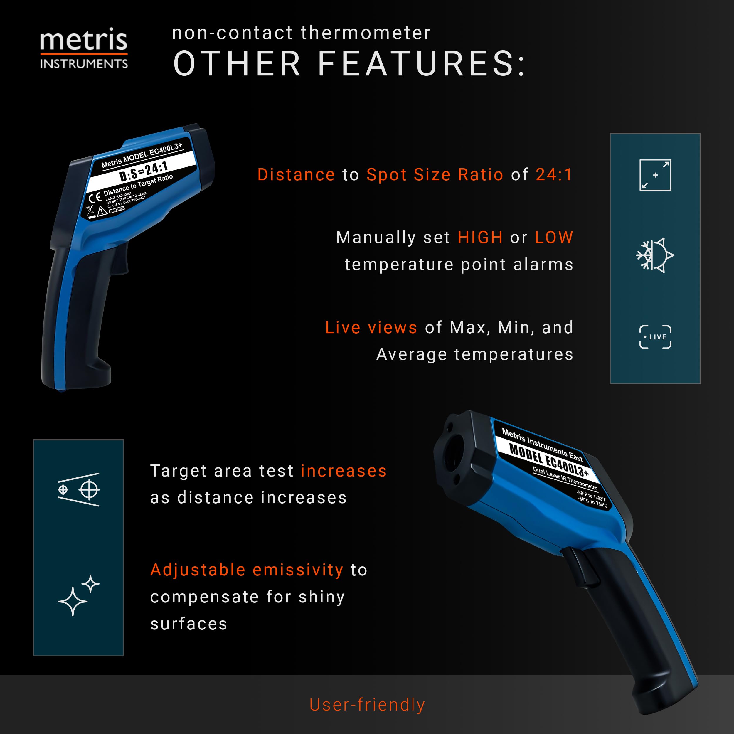 Pistola de termómetro infrarrojo digital para HVAC, industrial, automotriz, MRO; -58 a 750.0 °C (-50 a 750 °C) relación D: S 24:1 (en aproximadamente 24 pulgadas - área de prueba de