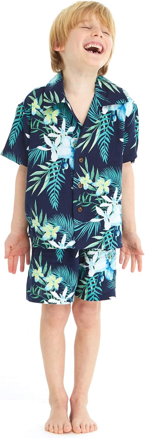 Family Matching Hawaiian Clothes, Orchid Breeze Navy | Lightweight 100% rayon • Family matching outfits • Beach vacations • Luaus • Cruises • Family photos
