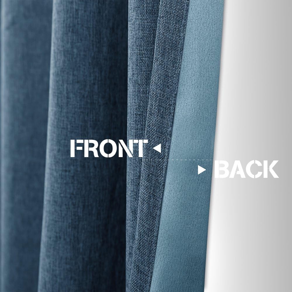Vangao Curtains for Bedroom, Linen Textured Curtains 63 Inch Length 2 Panels Set, Room Darkening Drapes for Living Room, Grommet Top Window Treatments, Blue