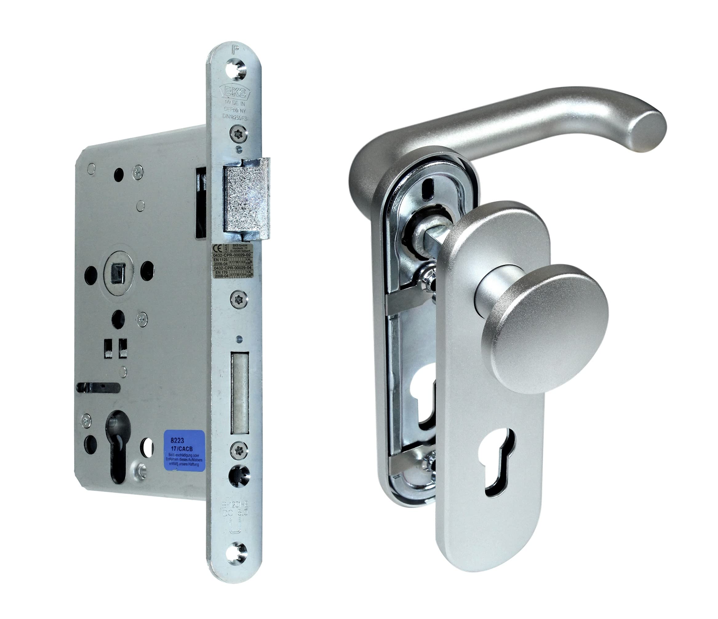 SN-TEC Paniktür Stahltür/FH Tür Set Aluminium Beschlag (einseitig Knauf) + FH Panikschloss Funktion E, DIN Rechts