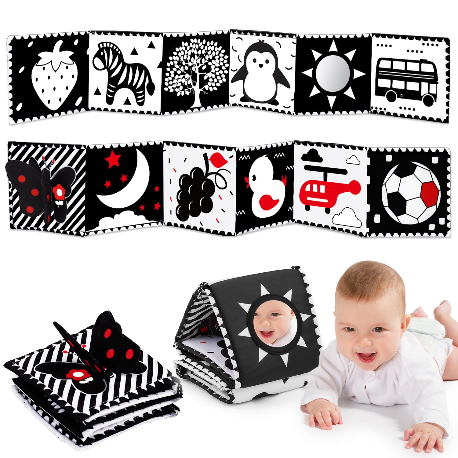 Lypsochaat Black and White Baby Toys 0 3 6 Months, High Contrast Baby Toys 0-3 0-6 Months, Baby Soft Cloth Book Newborn Sensory Toys 0-6 Months Tummy Time Mirror, Newborn Gifts