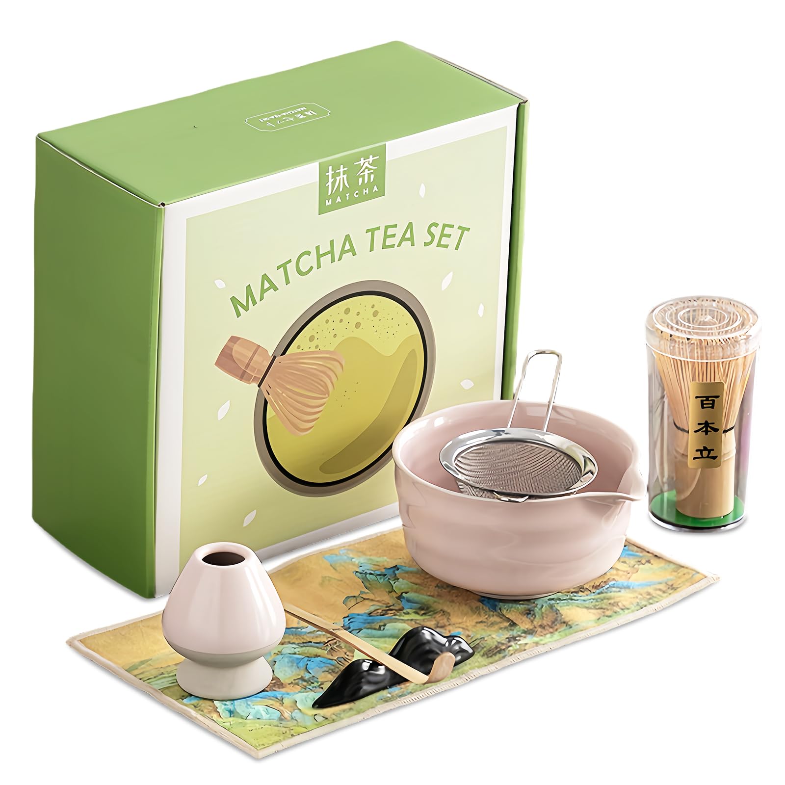 Matcha Set Whisk and Bowl Kit, 7PCS Ceramic Matcha Tea Whisk, Including Matcha Bowl, Matcha Whisk & Stand, Spoon & Spoon Holder, Sieve & Towel, Japanese & Song Dynasty Tea Ceremony (Pink)