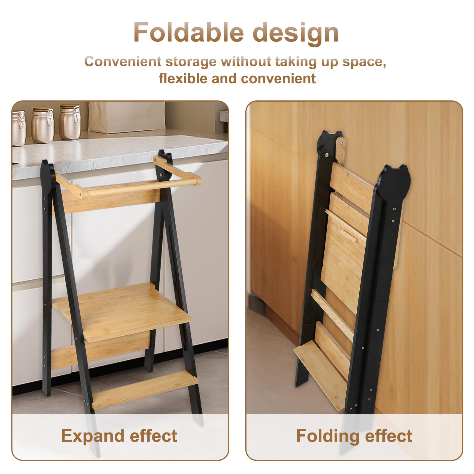 Fold Legno Torre Montessoriana di Apprendimento Pieghevole Multiuso Learning Tower in Legno Naturale di Betulla con 3 Altezze Regolabili,per Bancone Cucina Lavandino Bagno