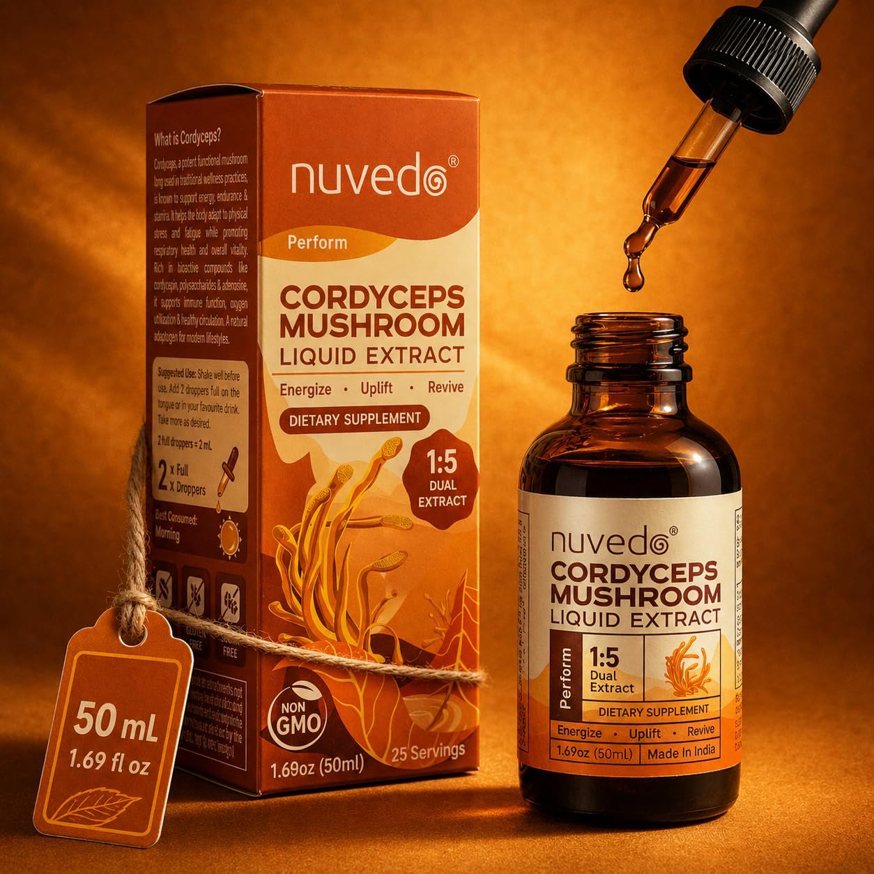 Nuvedo Cordyceps Mushroom Liquid Extract, Improves Exercise Performance Increased Energy Respiratory Wellness Herbal Supplement Drops As Seen On Shark Tank - Perform, 50 ml, Pack Of 1