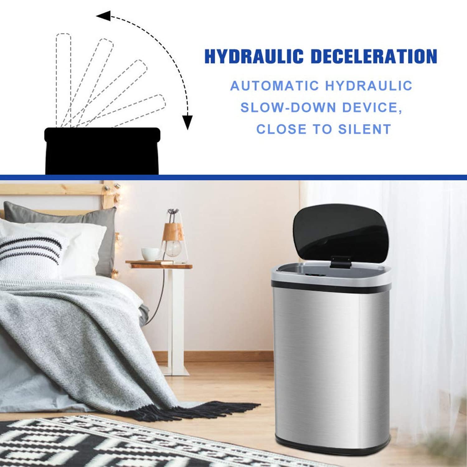 BSTOPHKL Kitchen Trash Can, Automatic Stainless-Steel Trash Bin with Lid 13 Gallon 50 Liter Anti-Fingerprint Mute Designed Garbage Cans for Kitchen | Office | Bedroom | Living Room (Silver)