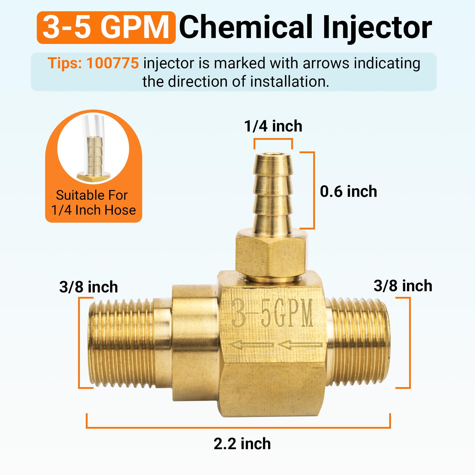 Inyector químico de 3-5 Gpm 100775 para lavadora a presión de bomba general, lavadora eléctrica, inyector de jabón, conexión rápida de 3/8 pulgadas, alto consumo (20%), 4500 PSI