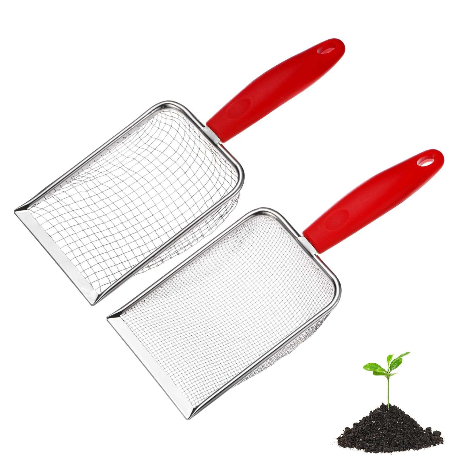 M METERXITY 2-Pack Gardening Soil Sifter, 5, 2 mm Mesh Stainless Steel Portable Gardening Sifter with Plastic Handle for Sand/Dirt/Rock Compost [White, Red]
