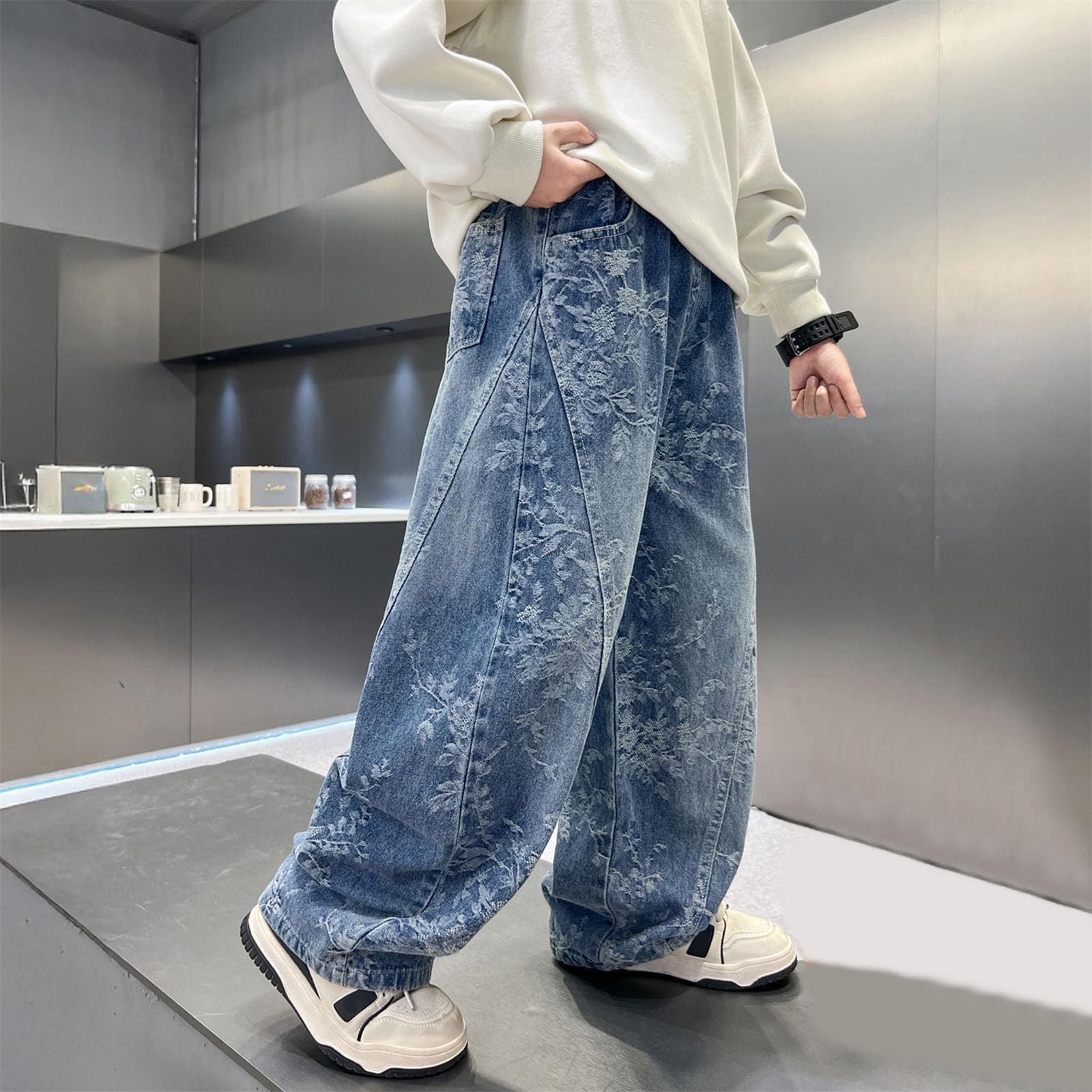 Genérico Vaqueros Niño Pantalón Largos Baggy Jeans Cintura Elástica | Pantalones vaqueros de pierna ancha para niños, pantalones casuales de corte recto para niños, largos y cómodos otoño.