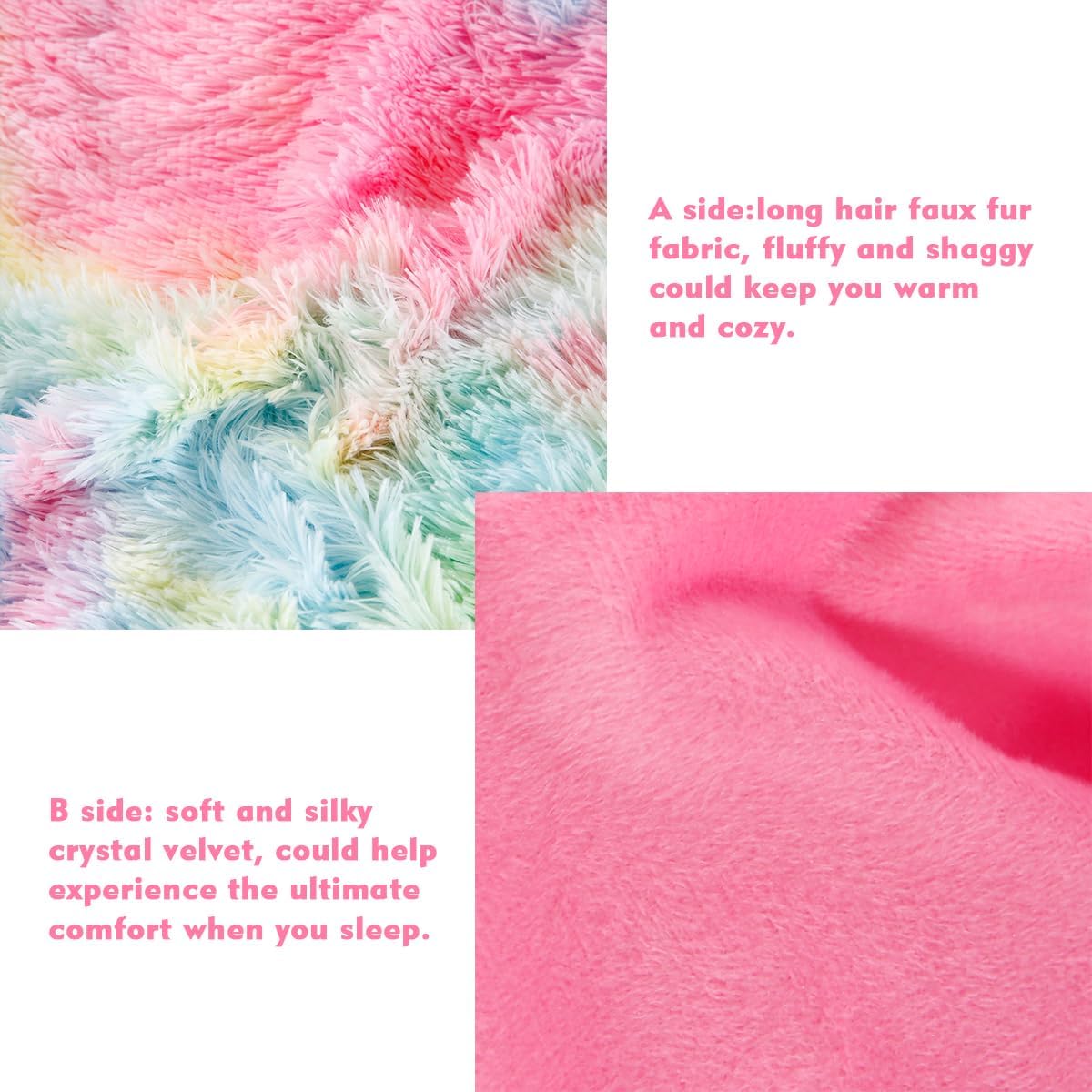 PERFEMET Pink Faux Fur Fluffy Comforter Twin 3-Piece Colorful Rainbow Plush Shaggy Bedding Sets for Girls Tie Dye Fuzzy Furry Comforter Set(Pink, Twin) - Image 5