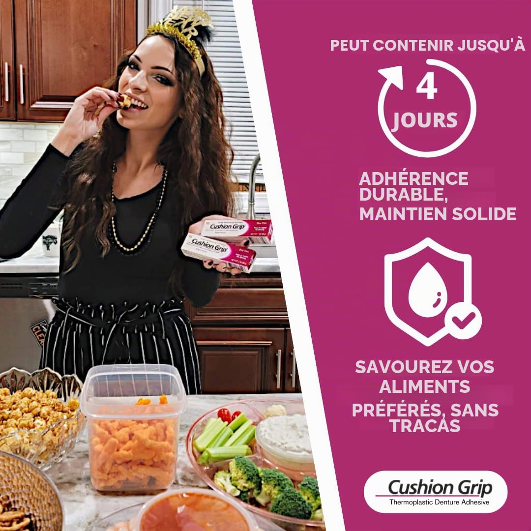 Cushion Grip Lot de 2 adhésif thermoplastique pour prothèses dentaires, 28,3 g - Répare et resserre les prothèses dentaires lâches et inconfortables