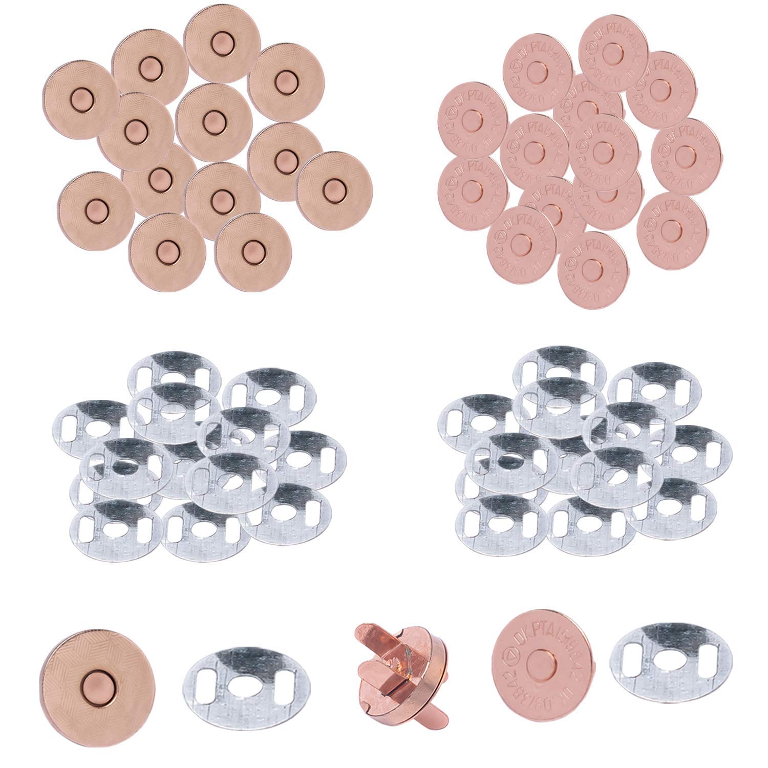 Cierres magnéticos de botón a presión, arandelas de cierre de metal para manualidades en cuero, ropa, bolsos, chaquetas, carteras, bolsos (14 mm, bronce, 2 piezas) [Parte trasera de garra - oro rosa