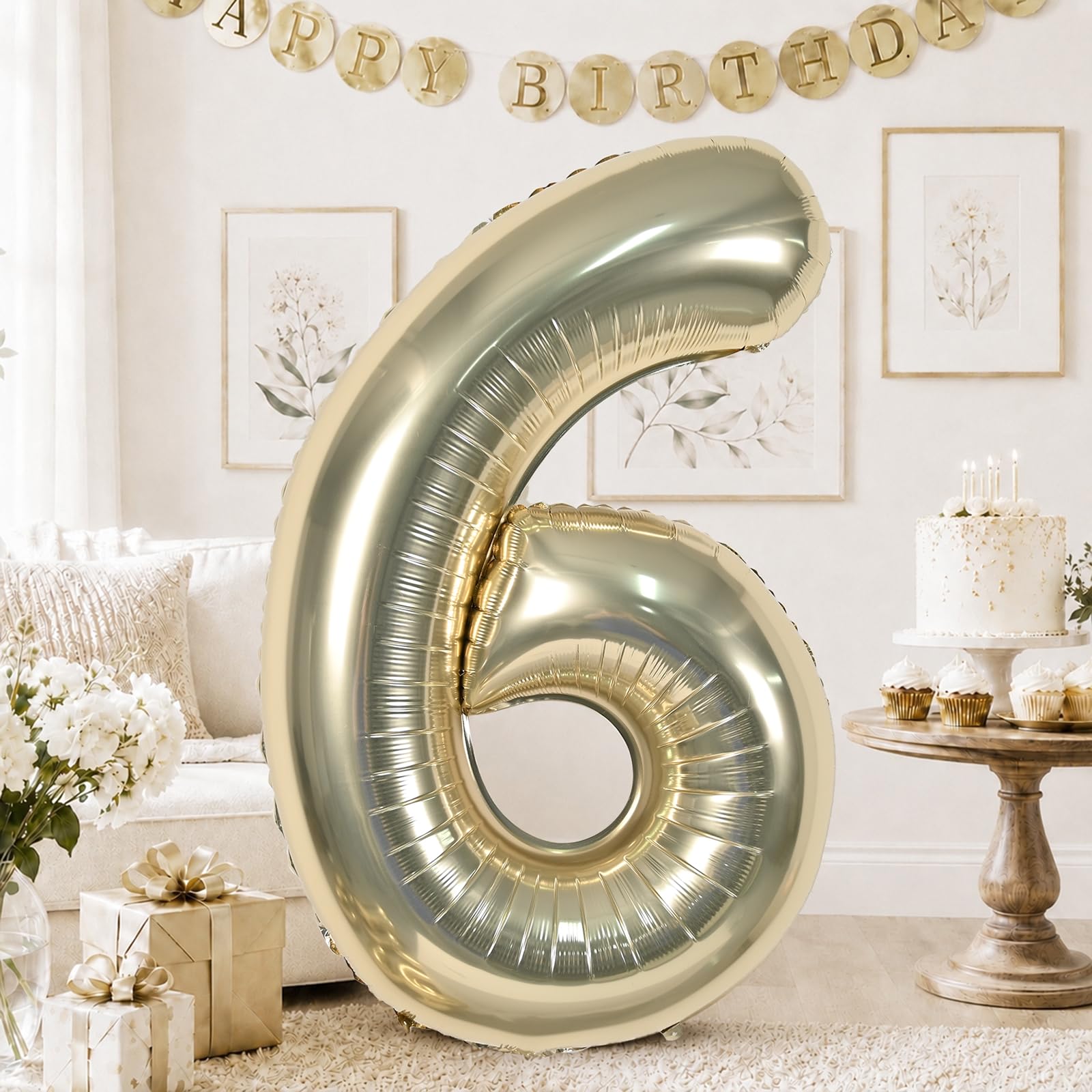 Champagne Gold Number Balloons 6, 40inch Large Light Gold Digital 6 Foil Helium Balloon for Girls Boy, Self Inflating Number Balloons 0-9 for Men Women 26th Birthday Party Anniversary Grad Decoration
