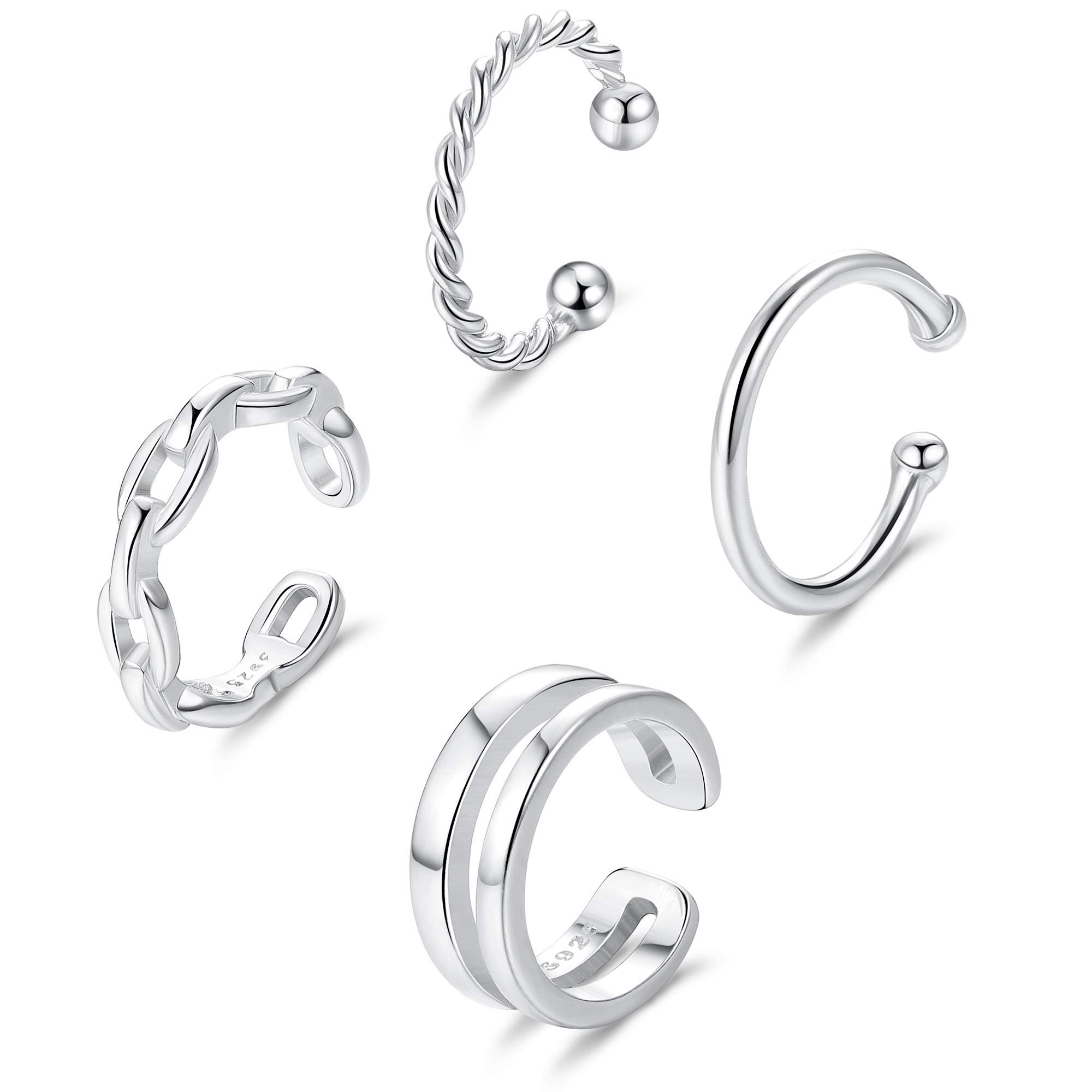MILACOLATO4Pcs 925 Sterling Silver Ear Cuff Small Cartilage Hoop Lip Nose Ring Adjustable Fashion Jewelry for Women Non Piercing Earrings