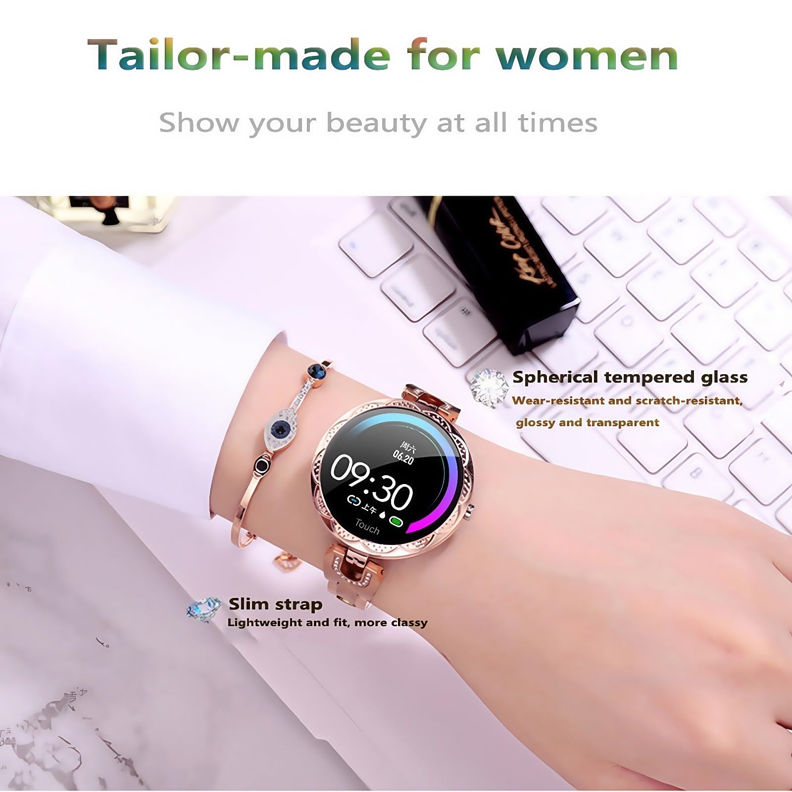 Pulsera Inteligente De Moda para Mujer, con Monitorización De Ritmo Cardíaco, Presión Arterial, Sueño Y Ciclo Fisiológico, Resistente Al Agua IP67. para Android iOS