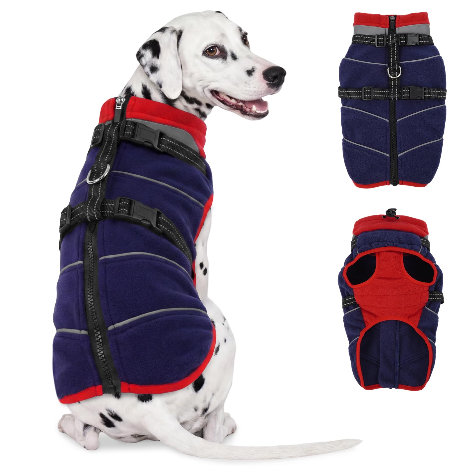 OUOBOB Dog Fleece Coat Built In Harness Reflective Winter Jacket Blue L