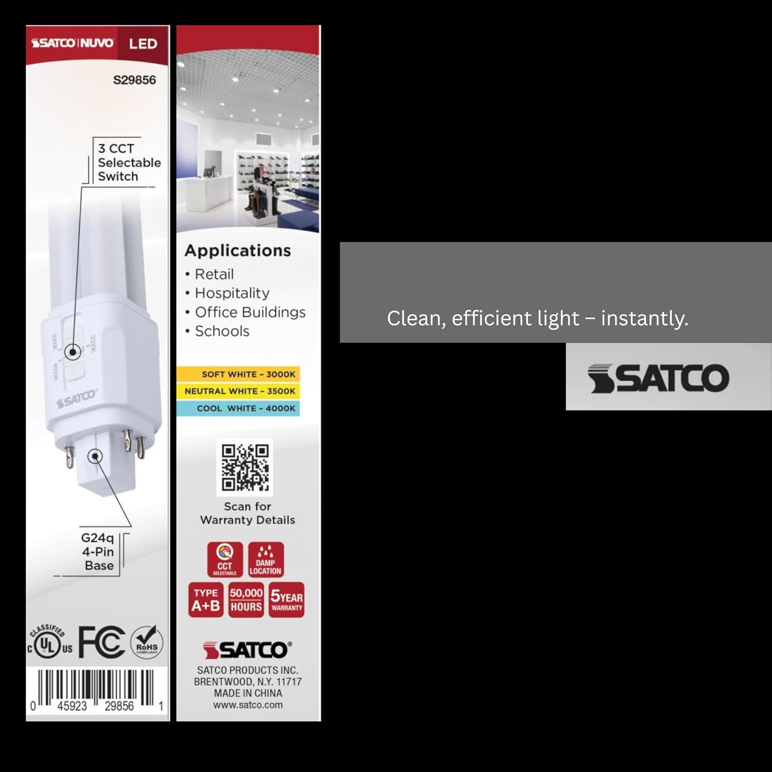 Satco LED PL Lamp 9.5W 18W/26W/32W Equivalent 3000K/3500K/4000K CCT Selectable G24q 4-Pin Base Type A Ballast Dependent Dimmable – Part S29856 (6 Pack)