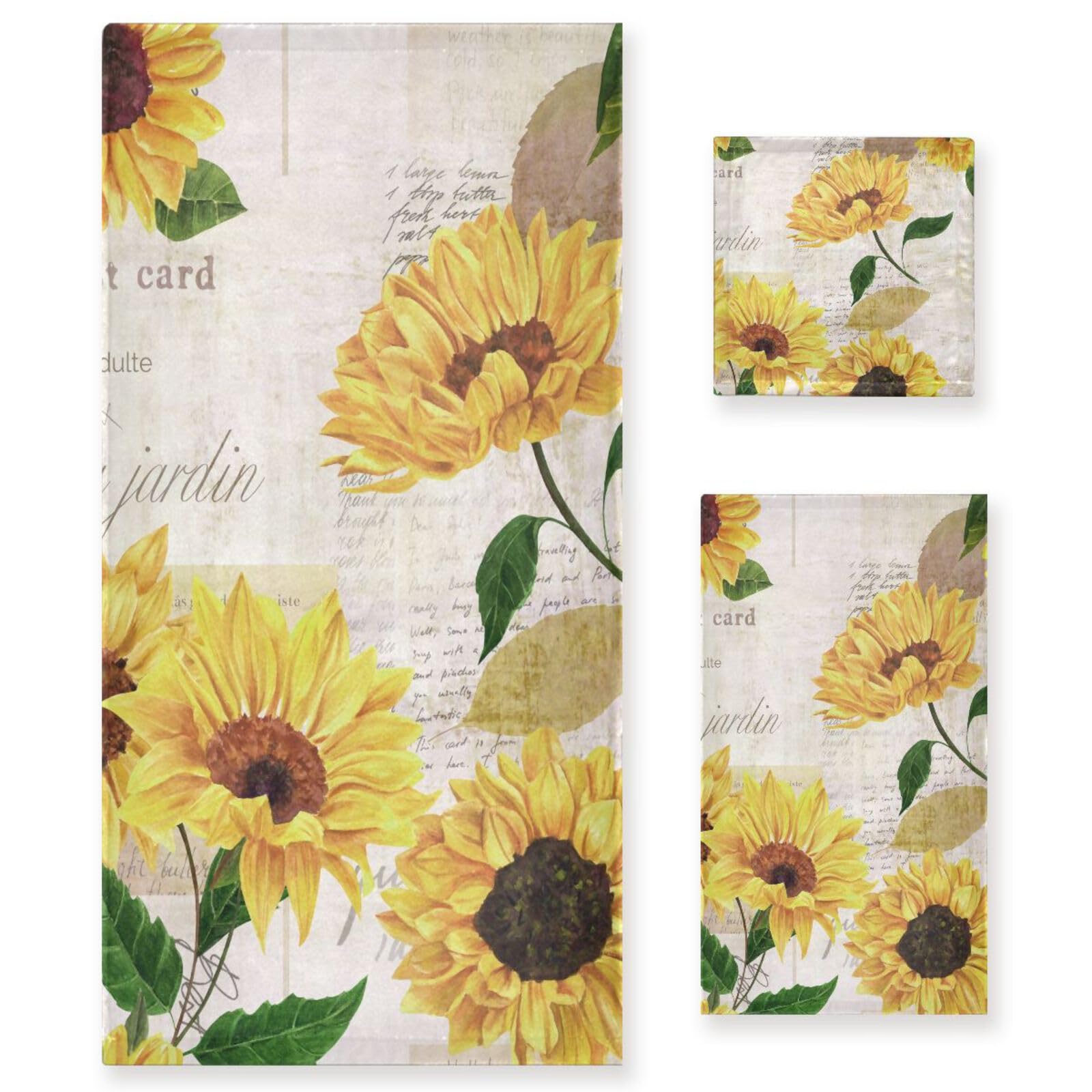 HATESAH Vintage Sunflower Bath Towels Set,Soft Highly Absorbent Yellow Summer Floral Retro Newspaper Decorative Towel Set 3 Piece,1 Bath Towel,1 Hand