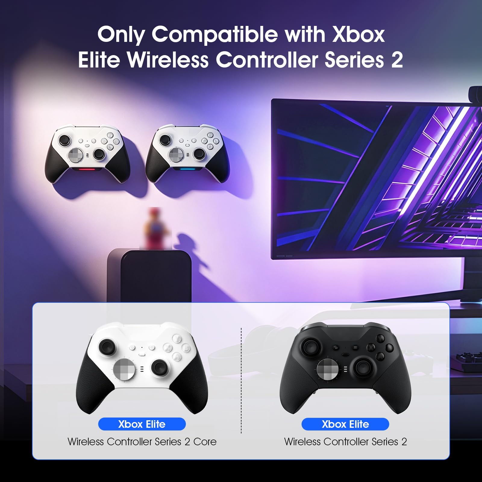 Lot de 2 stations de charge murales peu encombrantes pour manette Xbox Elite Series 2, support de bureau fin avec indicateur de charge RVB, câble de type C de 1 m, rester prêt à jouer