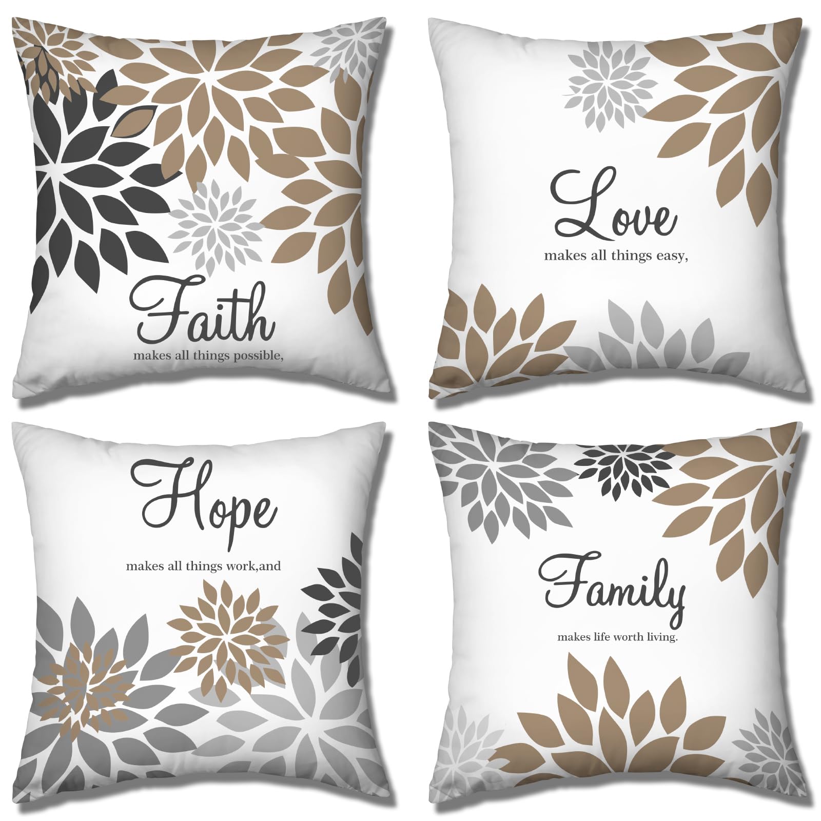 Photo 1 of Tatuo 4 Pcs Flower Pillow Covers Square Summer Pillow Cushion Cases 18 x 18 Inch Family Faith Hope Love Words Decorative Spring Winter Cushion Case for Bed Couch Sofa Living Room(Brown Series)