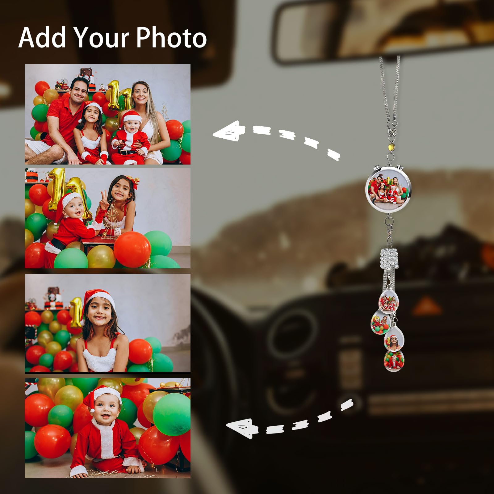 Ciondolo Personalizzato per Specchietto Retrovisore con Foto - Accessorio Auto con Portafoto in Cristallo - Regalo Commovente per Famiglia e Amici (Papà, Mamma, Coppia)